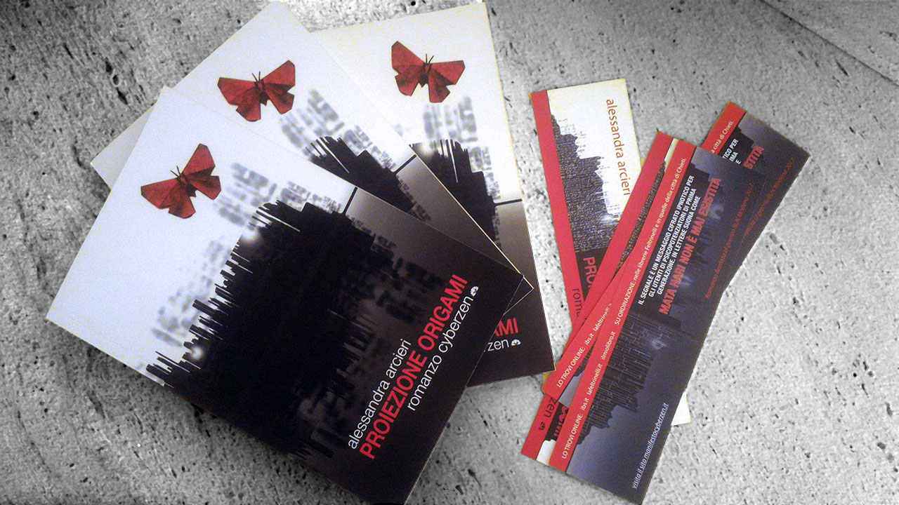 A wraparound book-cover design for Alessandra Arcieri’s cyberzen novel Proiezione Origami, built from a spoken soundwave, mathematical traces, skyline reflections, and an origami butterfly. /design-proiezione-origami-book-cover/alessandra-arcieri-proiezione-origami-cover02.jpg
