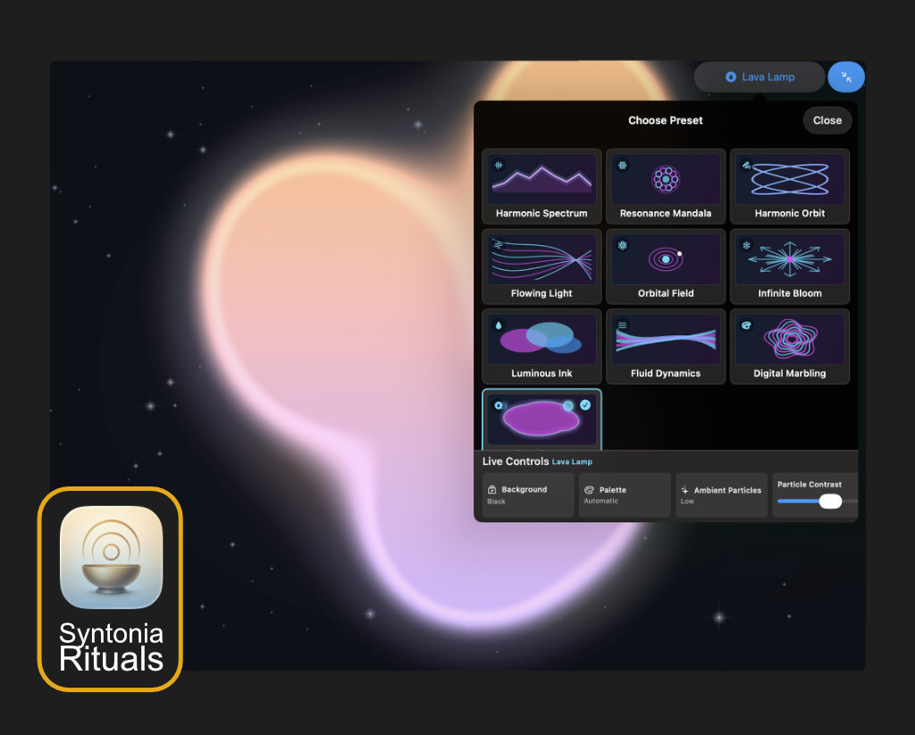 Open the fullscreen visualizer and follow the app’s own generated audio through ten distinct real-time interpretations.