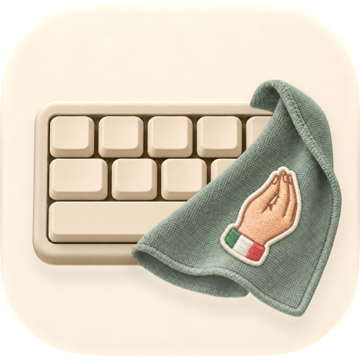 TastaCalma’s mammamia icon: an ivory keyboard and a sage-green cleaning cloth with a playful Italian gesture.